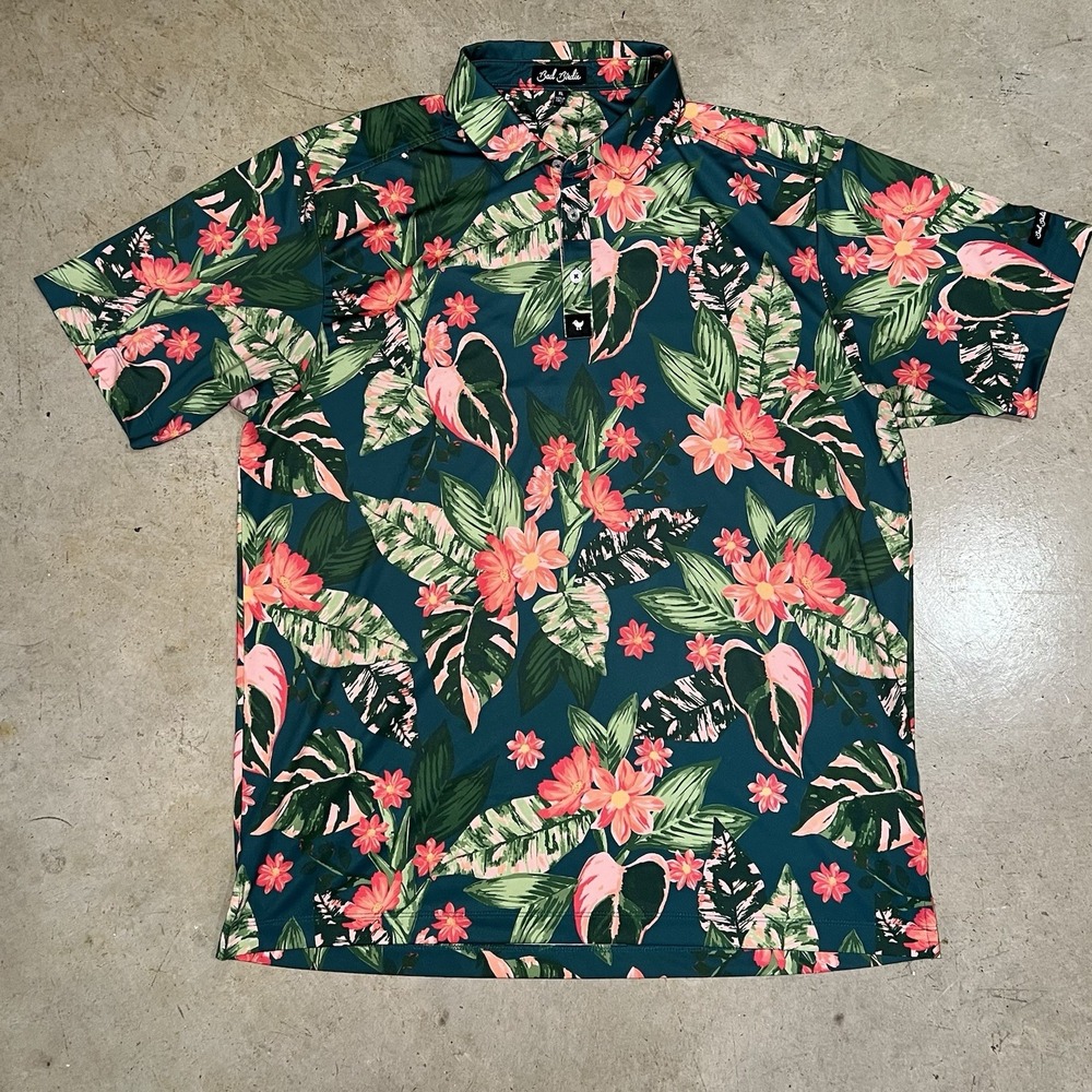 Bad Birdie Shirt Mens XL Green Tropical Floral Flamingo Golf Polo Performance